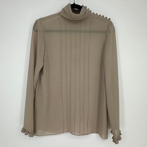 Vintage Albert Nipon Womens Semi Sheer Blouse Size 4 Tan High Neck Quiet Luxury